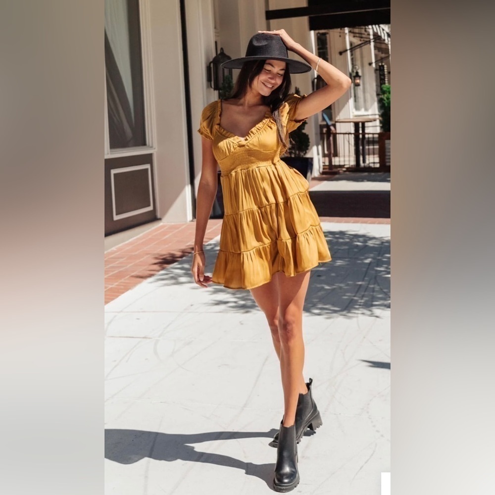 Mustard UO Mabel Brand Satin Smocked Dress